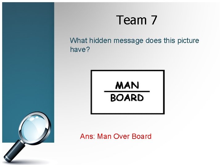 Team 7 What hidden message does this picture have? Ans: Man Over Board 