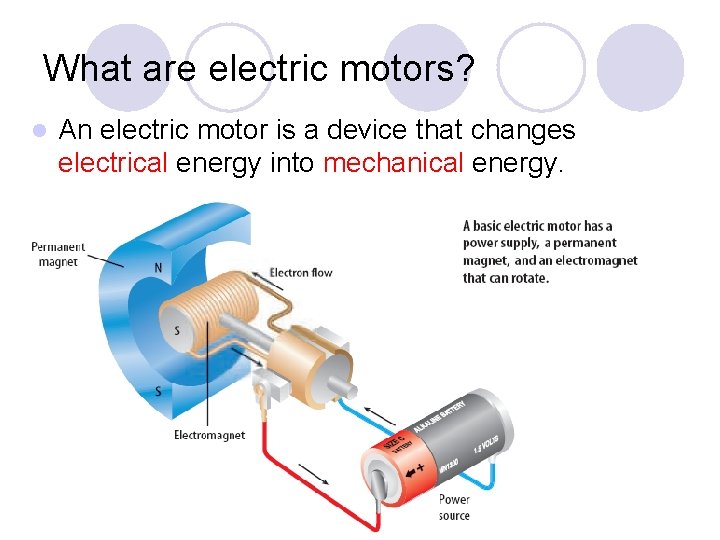 What are electric motors? l An electric motor is a device that changes electrical