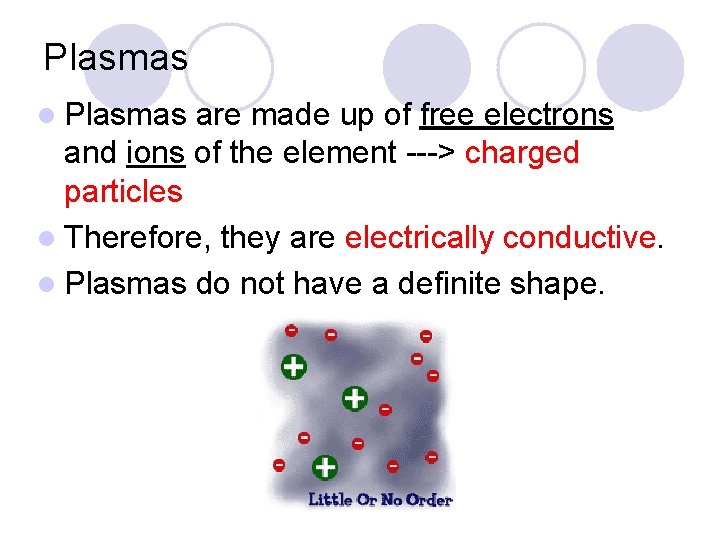 Plasmas l Plasmas are made up of free electrons and ions of the element