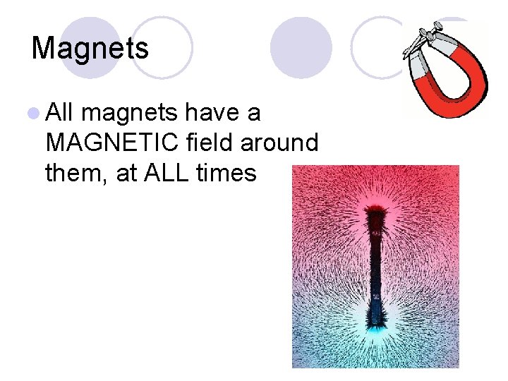 Magnets l All magnets have a MAGNETIC field around them, at ALL times 