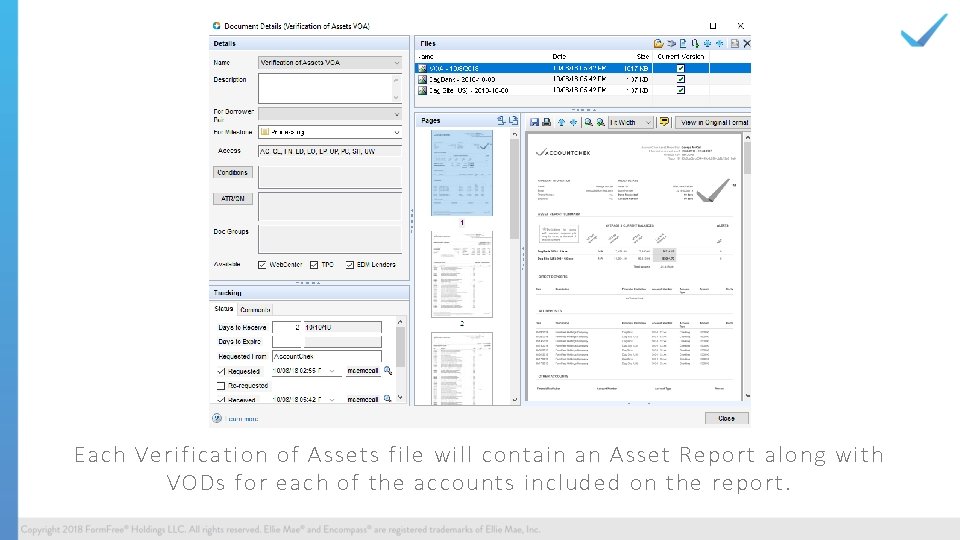 Each Verification of Assets file will contain an Asset Report along with VODs for