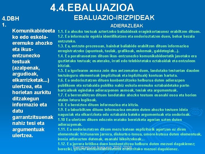 4. 4. EBALUAZIOA 4. DBH 1. Komunikabideeta ko edo eskolaeremuko ahozko eta ikusentzunezko testuak