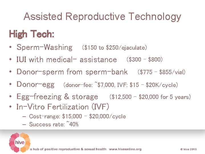 Assisted Reproductive Technology High Tech: • • • Sperm-Washing ($150 to $250/ejaculate) IUI with