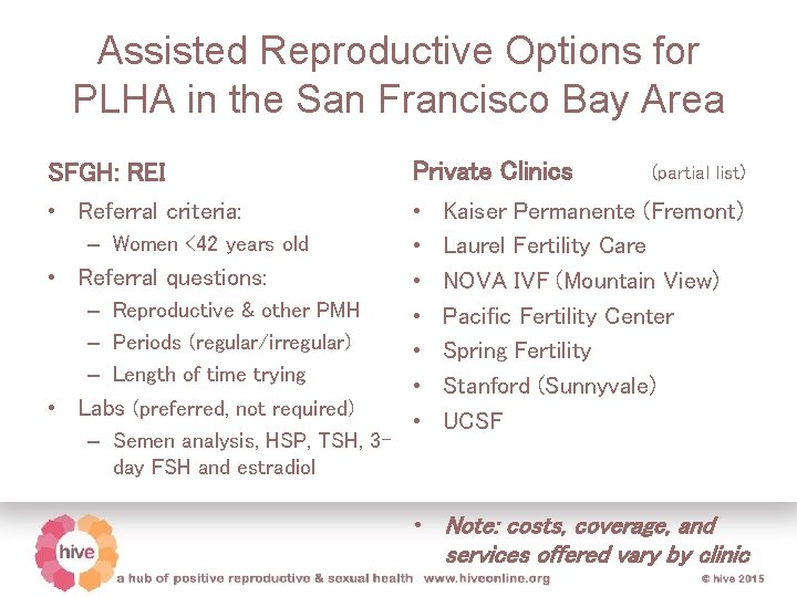 Assisted Reproductive Options for PLHA in the San Francisco Bay Area SFGH: REI Private