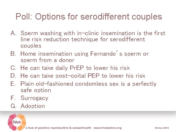 Poll: Options for serodifferent couples A. Sperm washing with in-clinic insemination is the first