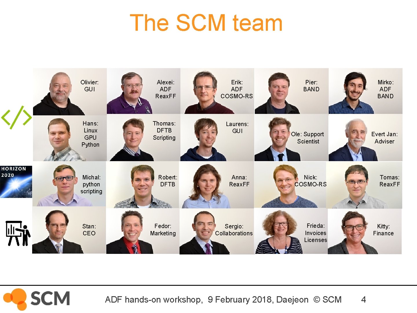 The SCM team Olivier: GUI Alexei: ADF Reax. FF Erik: ADF COSMO-RS Hans: Linux