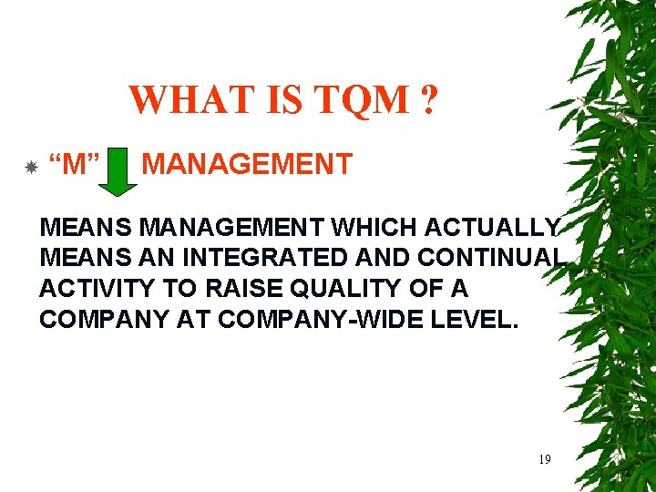 WHAT IS TQM ? “M” MANAGEMENT MEANS MANAGEMENT WHICH ACTUALLY MEANS AN INTEGRATED AND