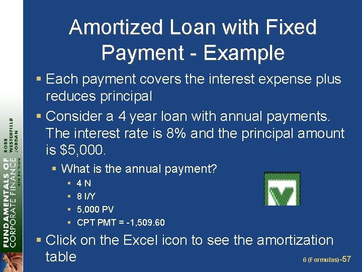 Amortized Loan with Fixed Payment - Example § Each payment covers the interest expense