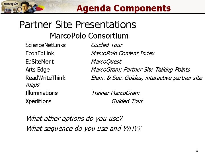 Agenda Components Partner Site Presentations Marco. Polo Consortium Science. Net. Links Econ. Ed. Link