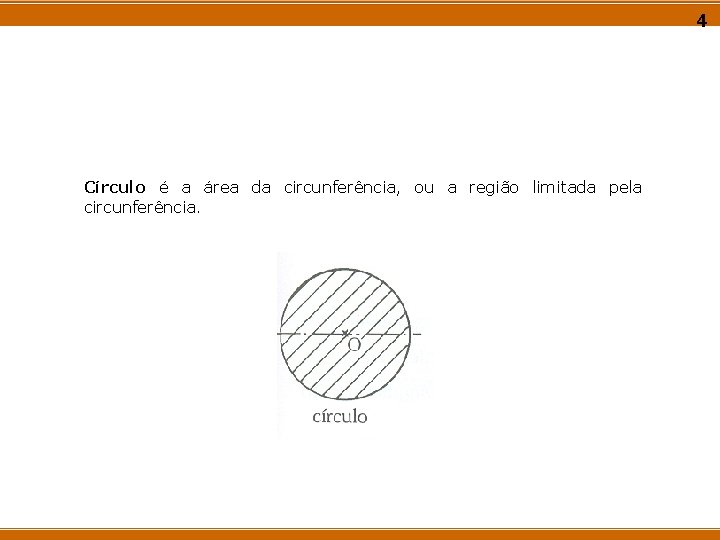 4 Círculo é a área da circunferência, ou a região limitada pela circunferência. 4 Círculo é a área da circunferência, ou a região limitada pela circunferência.