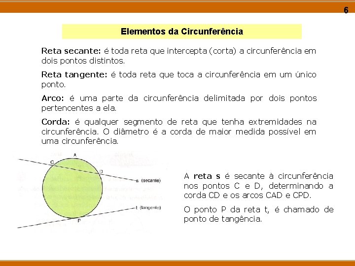 6 Elementos da Circunferência Reta secante: é toda reta que intercepta (corta) a circunferência 6 Elementos da Circunferência Reta secante: é toda reta que intercepta (corta) a circunferência