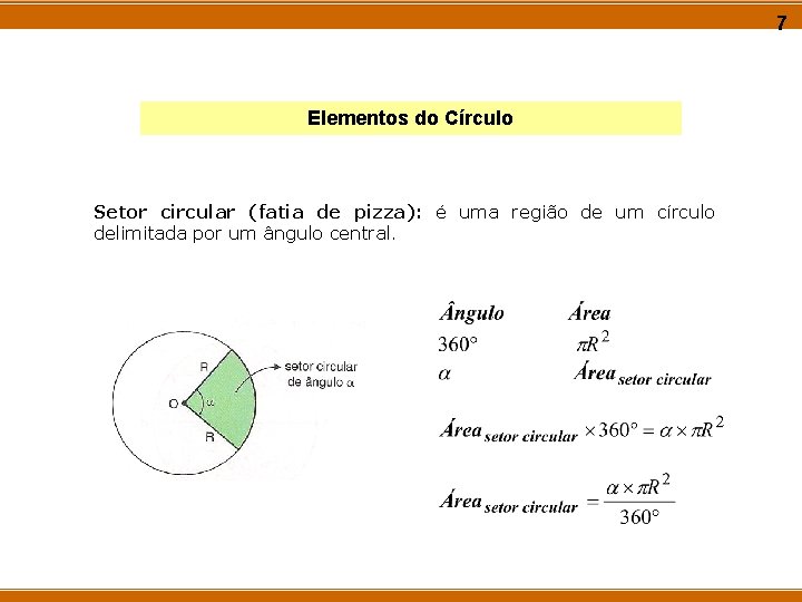 7 Elementos do Círculo Setor circular (fatia de pizza): é uma região de um 7 Elementos do Círculo Setor circular (fatia de pizza): é uma região de um
