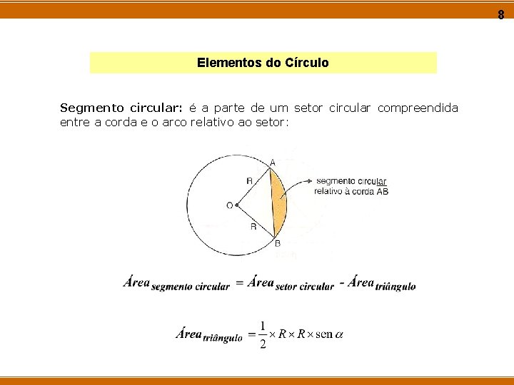 8 Elementos do Círculo Segmento circular: é a parte de um setor circular compreendida 8 Elementos do Círculo Segmento circular: é a parte de um setor circular compreendida