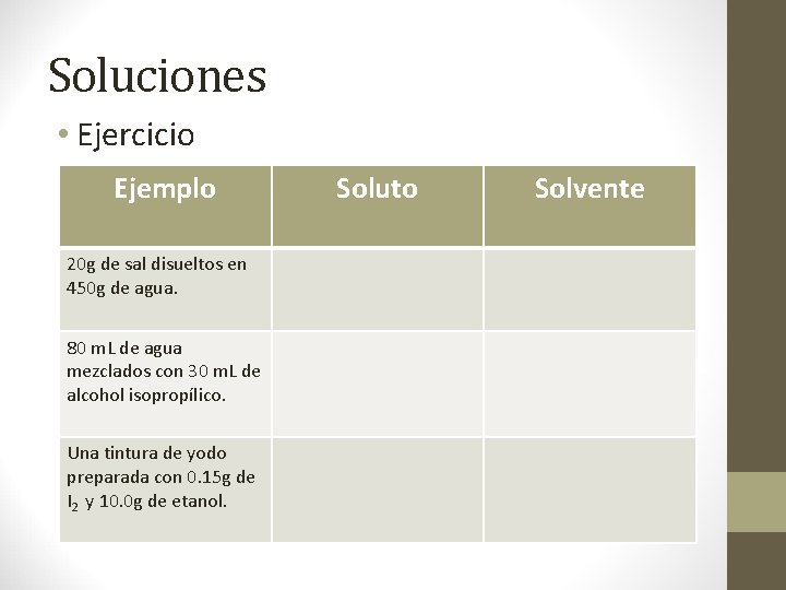 Soluciones • Ejercicio Ejemplo 20 g de sal disueltos en 450 g de agua.