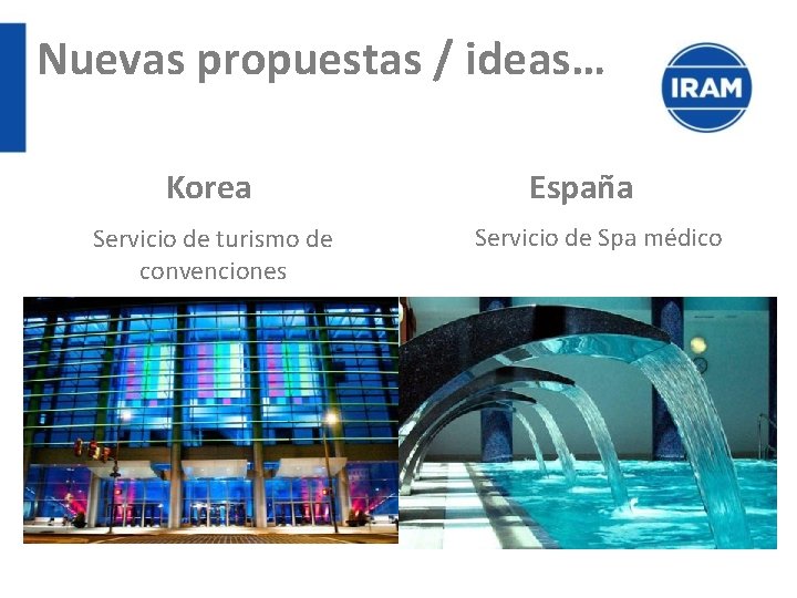 Nuevas propuestas / ideas… Korea Servicio de turismo de convenciones España Servicio de Spa