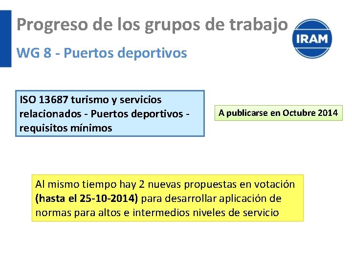 Progreso de los grupos de trabajo WG 8 - Puertos deportivos ISO 13687 turismo