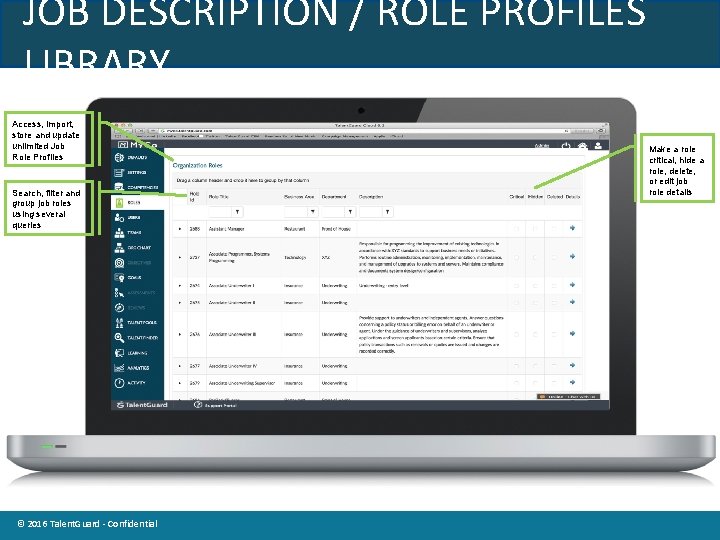 JOB DESCRIPTION / ROLE PROFILES LIBRARY Access, import, store and update unlimited Job Role
