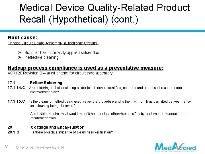 Medical Device Quality-Related Product Recall (Hypothetical) (cont. ) Root cause: Printed Circuit Board Assembly Medical Device Quality-Related Product Recall (Hypothetical) (cont. ) Root cause: Printed Circuit Board Assembly