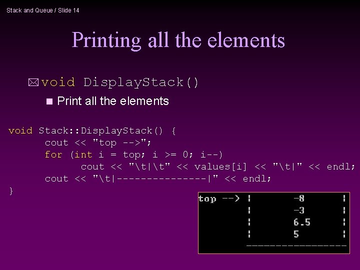 Stack and Queue / Slide 14 Printing all the elements * void n Display.