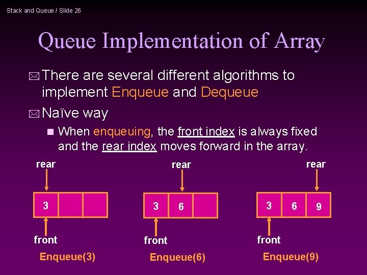 Stack and Queue / Slide 26 Queue Implementation of Array * There are several
