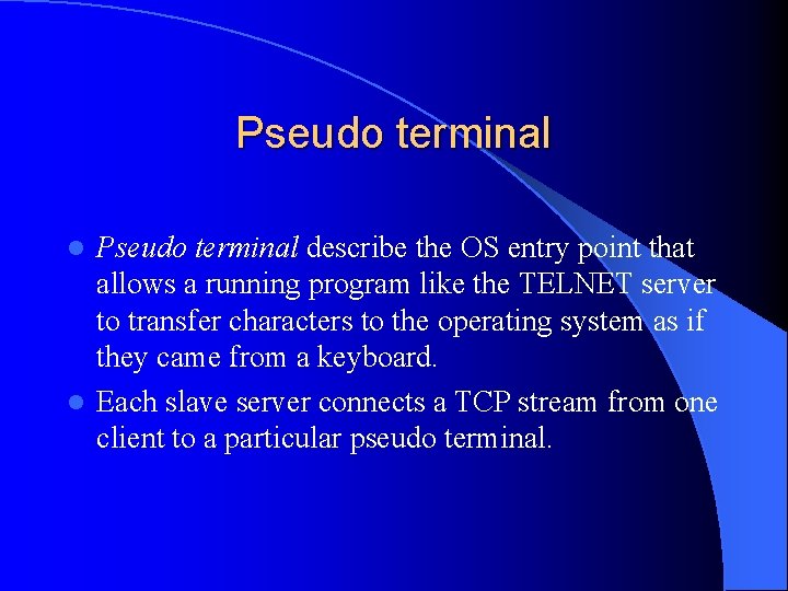 Pseudo terminal describe the OS entry point that allows a running program like the