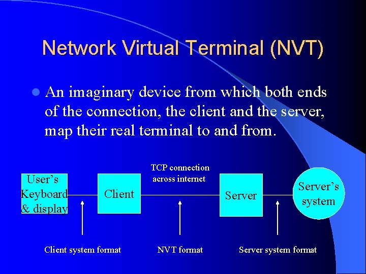 Network Virtual Terminal (NVT) l An imaginary device from which both ends of the