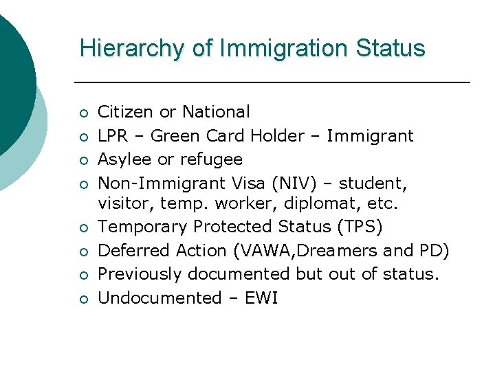 Hierarchy of Immigration Status ¡ ¡ ¡ ¡ Citizen or National LPR – Green