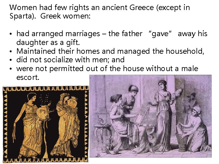 Women had few rights an ancient Greece (except in Sparta). Greek women: • had