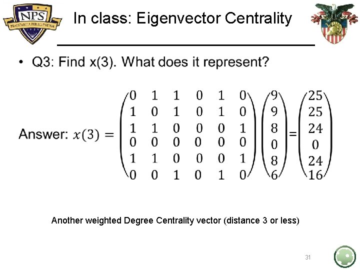 In class: Eigenvector Centrality • Another weighted Degree Centrality vector (distance 3 or less)