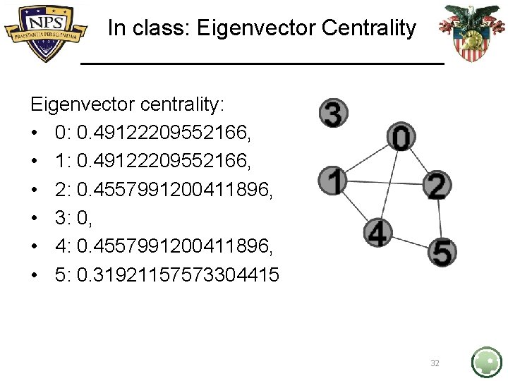 In class: Eigenvector Centrality Eigenvector centrality: • 0: 0. 49122209552166, • 1: 0. 49122209552166,