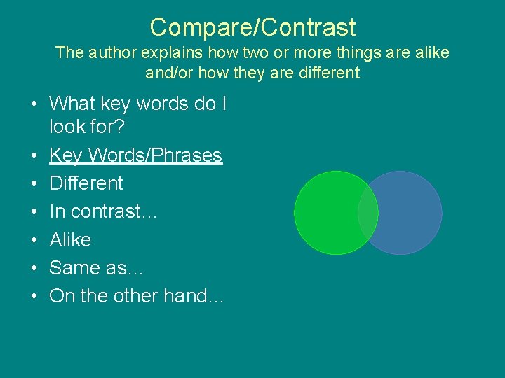 Compare/Contrast The author explains how two or more things are alike and/or how they