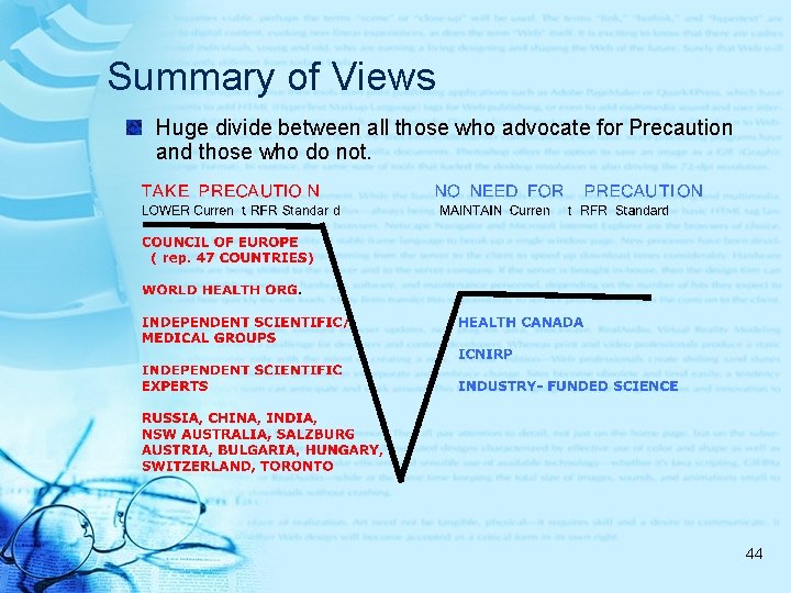 Summary of Views Huge divide between all those who advocate for Precaution and those