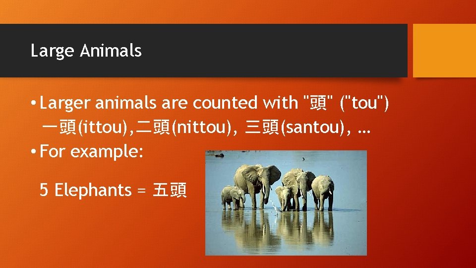 Large Animals • Larger animals are counted with "頭" ("tou") 一頭(ittou), 二頭(nittou), 三頭(santou), …