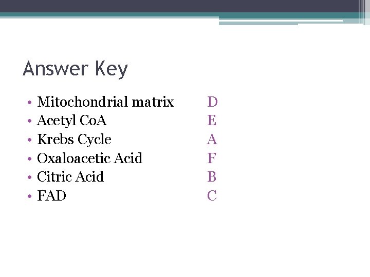 Answer Key • • • Mitochondrial matrix Acetyl Co. A Krebs Cycle Oxaloacetic Acid Answer Key • • • Mitochondrial matrix Acetyl Co. A Krebs Cycle Oxaloacetic Acid