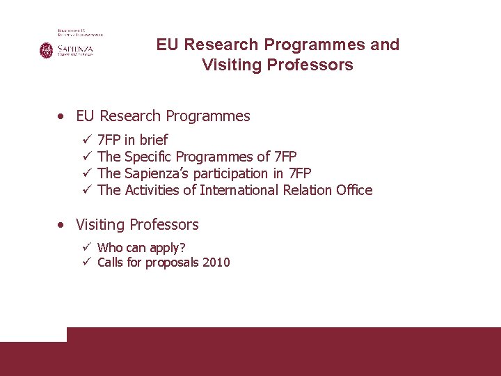 EU Research Programmes and Visiting Professors • EU Research Programmes ü ü 7 FP