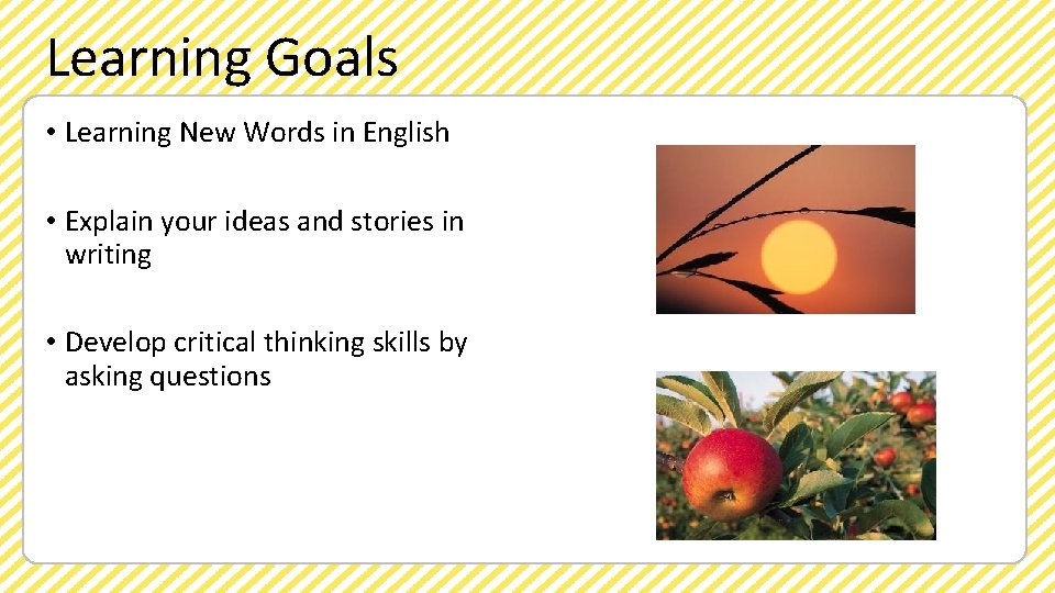 Learning Goals • Learning New Words in English • Explain your ideas and stories