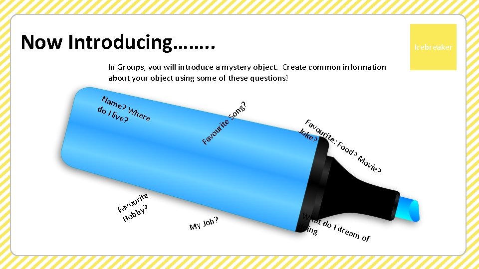 Now Introducing……. . Icebreaker In Groups, you will introduce a mystery object. Create common