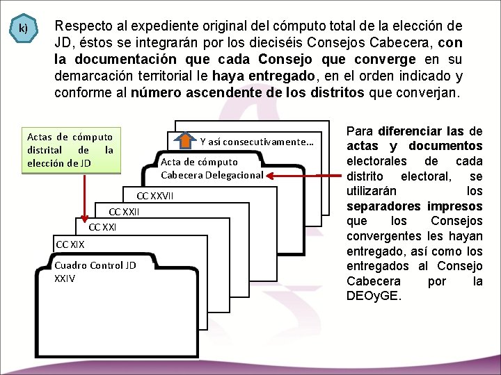 k) Respecto al expediente original del cómputo total de la elección de JD, éstos