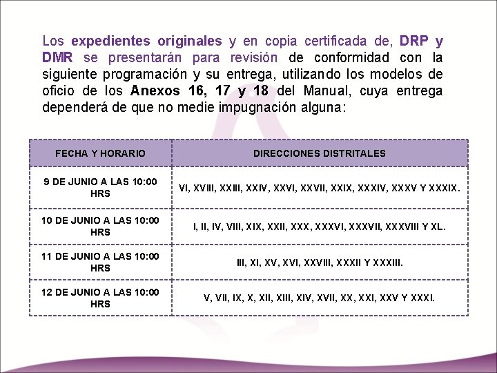 Los expedientes originales y en copia certificada de, DRP y DMR se presentarán para