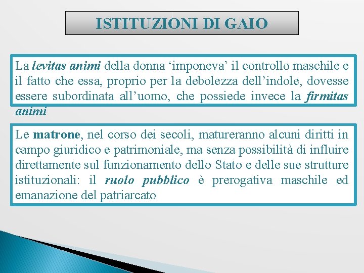 ISTITUZIONI DI GAIO La levitas animi della donna ‘imponeva’ il controllo maschile e il