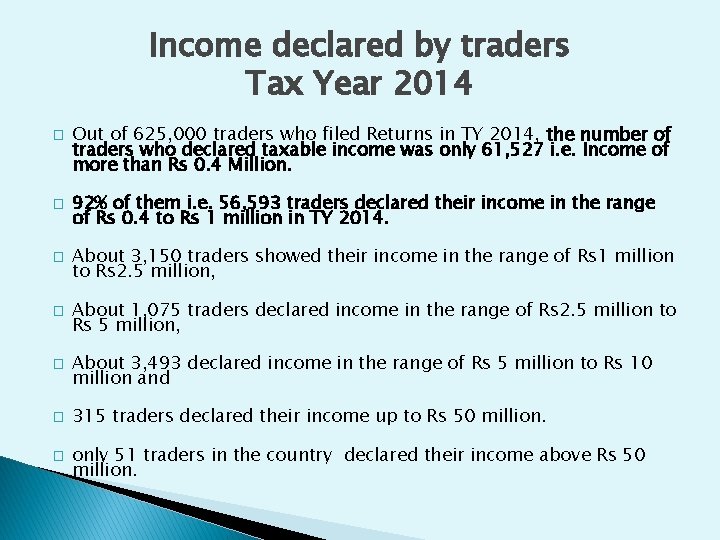 Income declared by traders Tax Year 2014 � Out of 625, 000 traders who