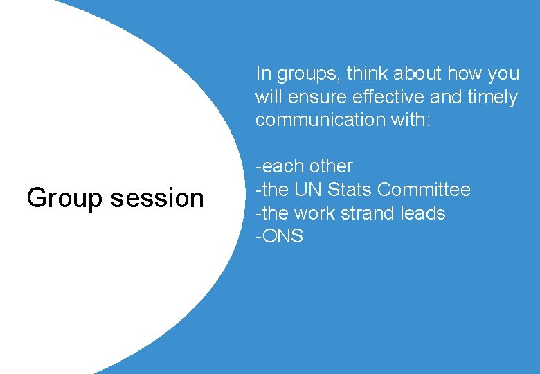 In groups, think about how you will ensure effective and timely communication with: Group