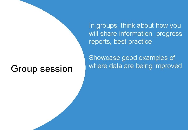 In groups, think about how you will share information, progress reports, best practice Group