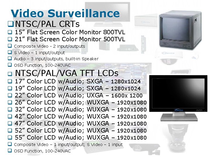 Video Surveillance q. NTSC/PAL CRTs q 15” Flat Screen Color Monitor 800 TVL q