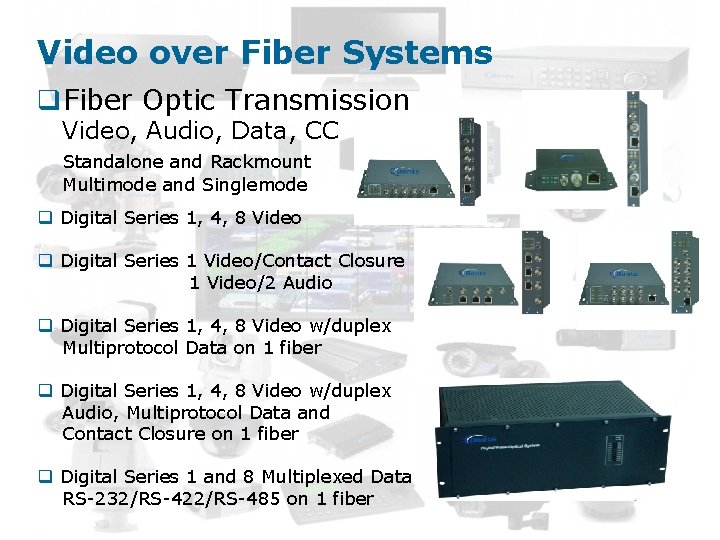 Video over Fiber Systems q. Fiber Optic Transmission Video, Audio, Data, CC Standalone and