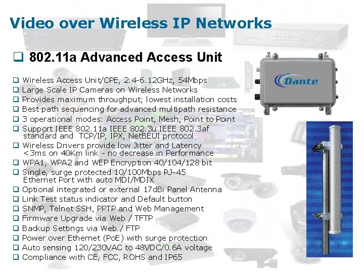 Video over Wireless IP Networks q 802. 11 a Advanced Access Unit q q