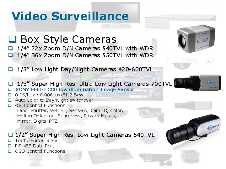 Video Surveillance q Box Style Cameras q 1/4” 22 x Zoom D/N Cameras 540