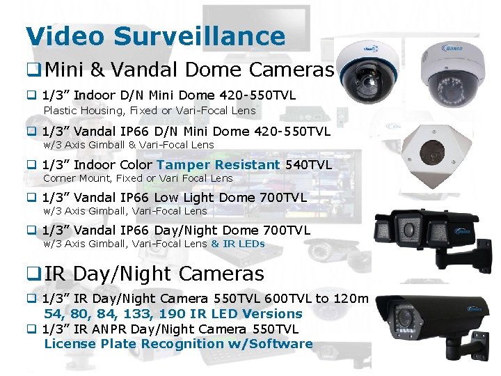 Video Surveillance q. Mini & Vandal Dome Cameras q 1/3” Indoor D/N Mini Dome