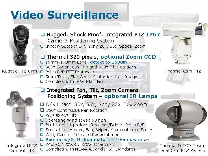 Video Surveillance q Rugged, Shock Proof, Integrated PTZ IP 67 Camera Positioning System q