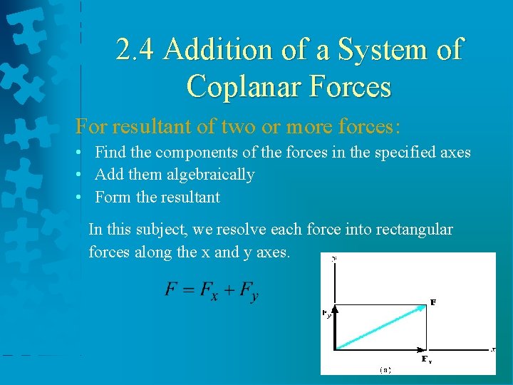 2. 4 Addition of a System of Coplanar Forces For resultant of two or